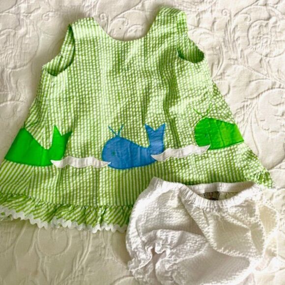 Vintage Funtasia Green Blue Seersucker Whale Matching Set Open Back Outfit 18M - Picture 1 of 6